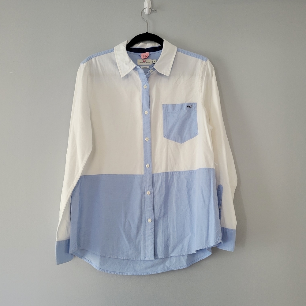 Vineyard Vines button down white blue patchwork long sleeve dress shirt size 10